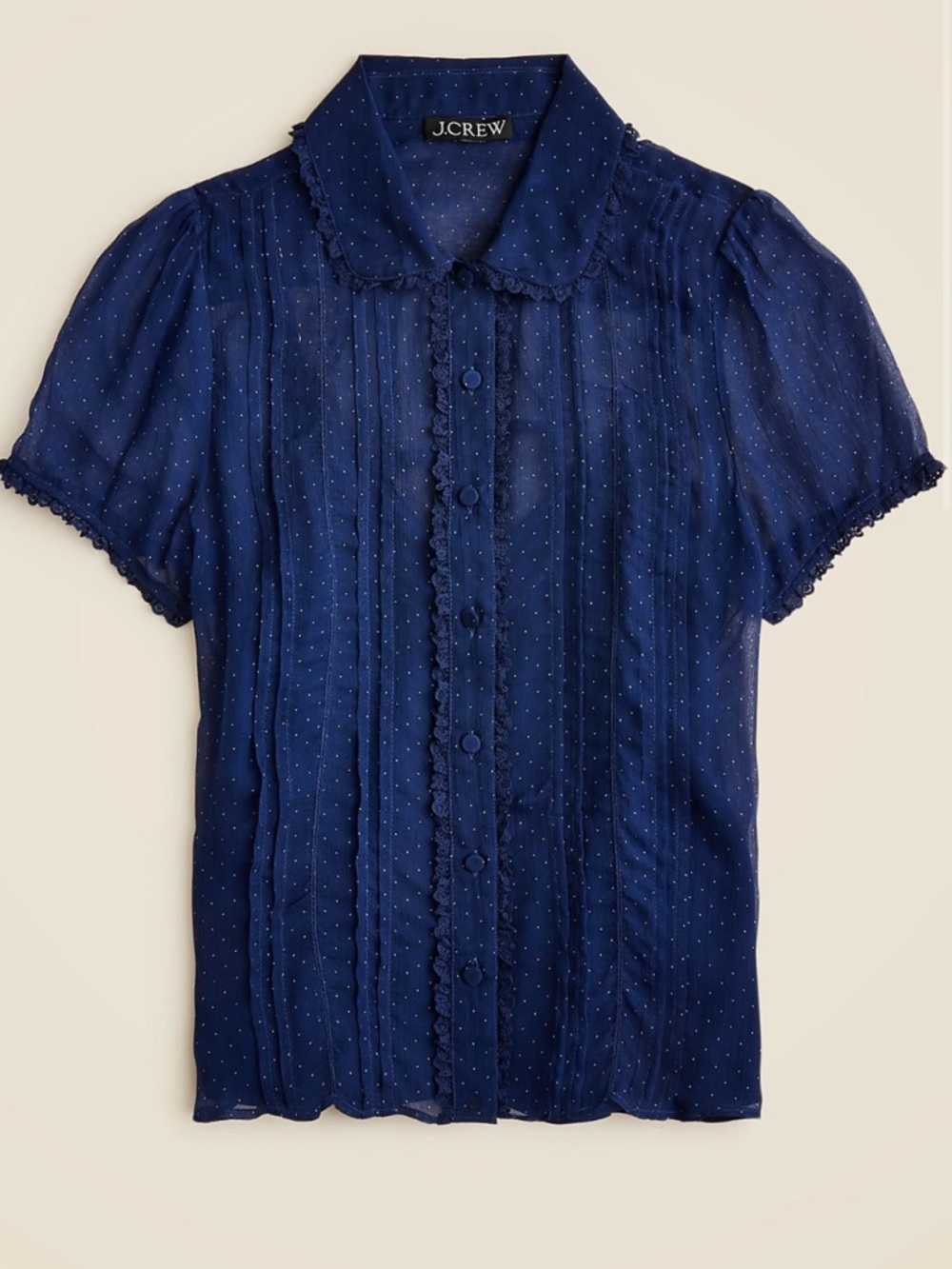 J.Crew Sheer lace-trim button-up shirt Navy dot crinkle chiffon blouse
